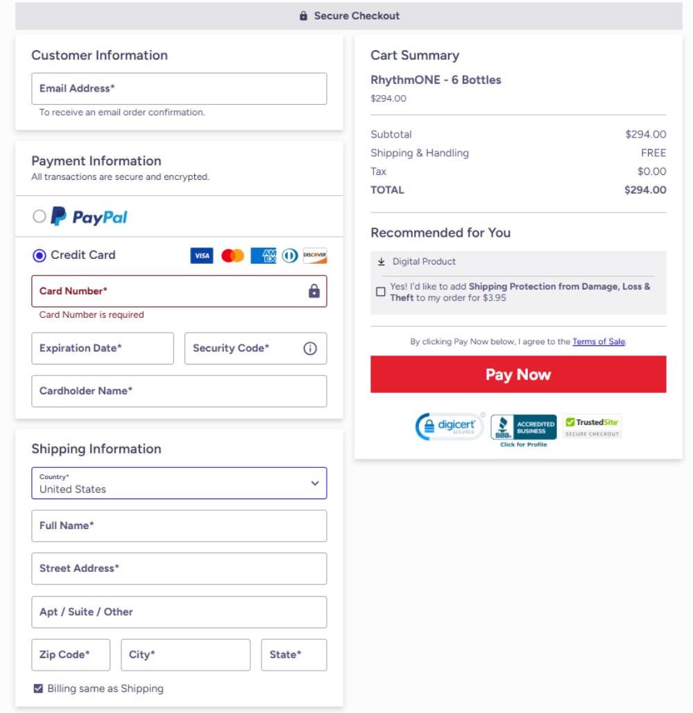RhythmONE safe payment processing and billing page